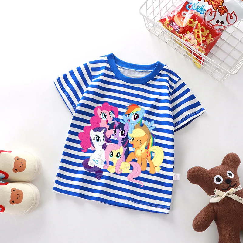 Camiseta listrada dos meus pequenos ponys, roupas infantis kawaii, unicórnio, desenho animado, anime, manga curta, roupas para casa, top kawaii