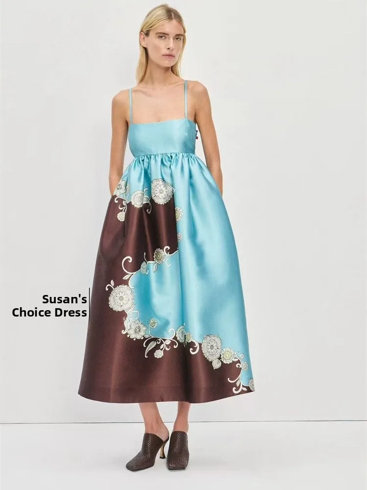 

Susan Ele Blue Floral Print Puffy Dr Casual Sle Umbrella Skirt Design Svel Women's Dr for Holiday