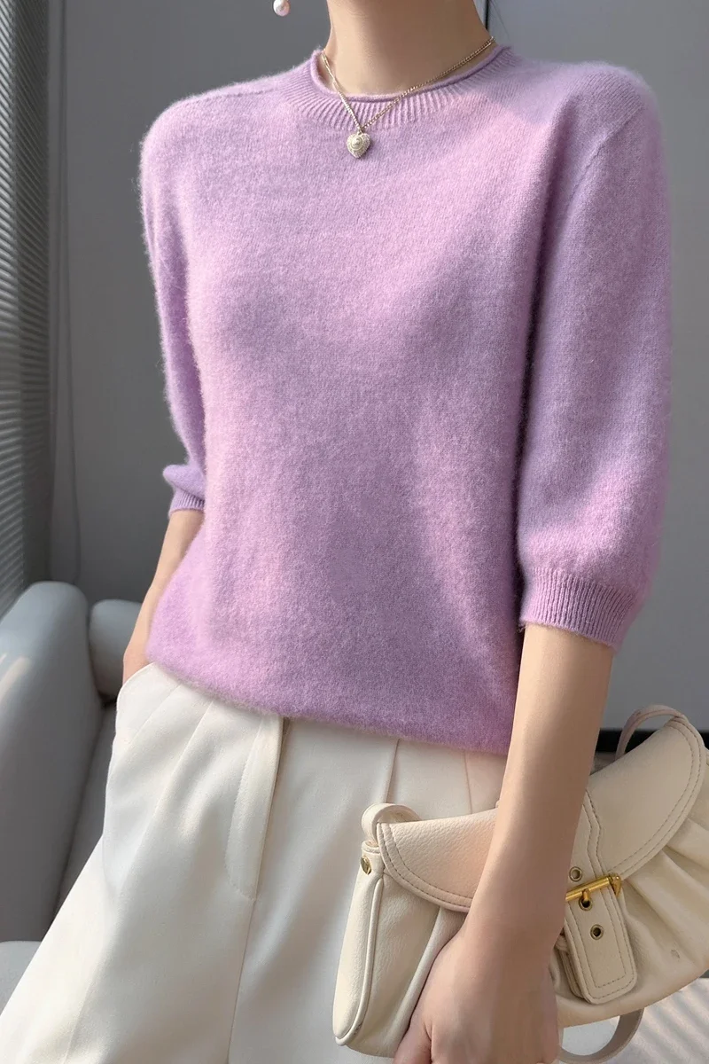 

Summer Woman's Sweater Mid-Sleeve O-Neck T-Shirt Female Pullover Knitted Top Elegant Wool Bloues Large Size Tops Z4