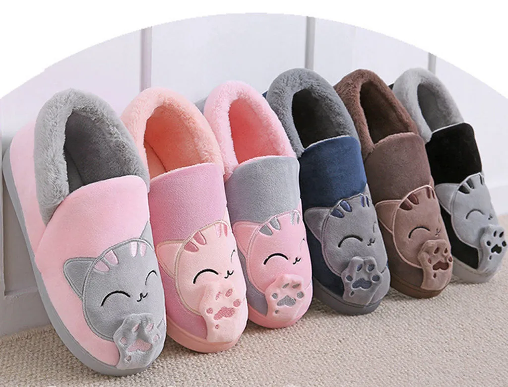 Kobiety Zimowe Ciepłe Kapcie Cartoon Cat Shoes Furry Plush Slides Round Toe Flats Indoor Home Bedroom Floor Slippers Ladies Shoes