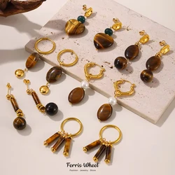 Tiger-eye Stone Pendant Earrings for Women Gold Plated Stainless Steel Ear Stud Waterproof Charm Jewelry Wholesale