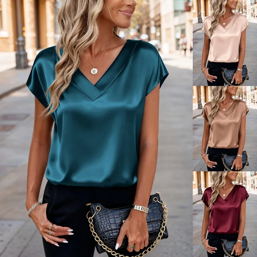

2026 Women's Spring and Summer New Fashion Solid Color Casual Versatile Comfortable Satin V-Neck Short Sleeve Tops for Women