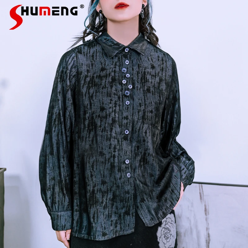 Camisa japonesa Retro de gama alta, versátil, con múltiples botones, solapa, manga larga, novedad de Otoño de 2024, blusa negra de un solo pecho para mujer