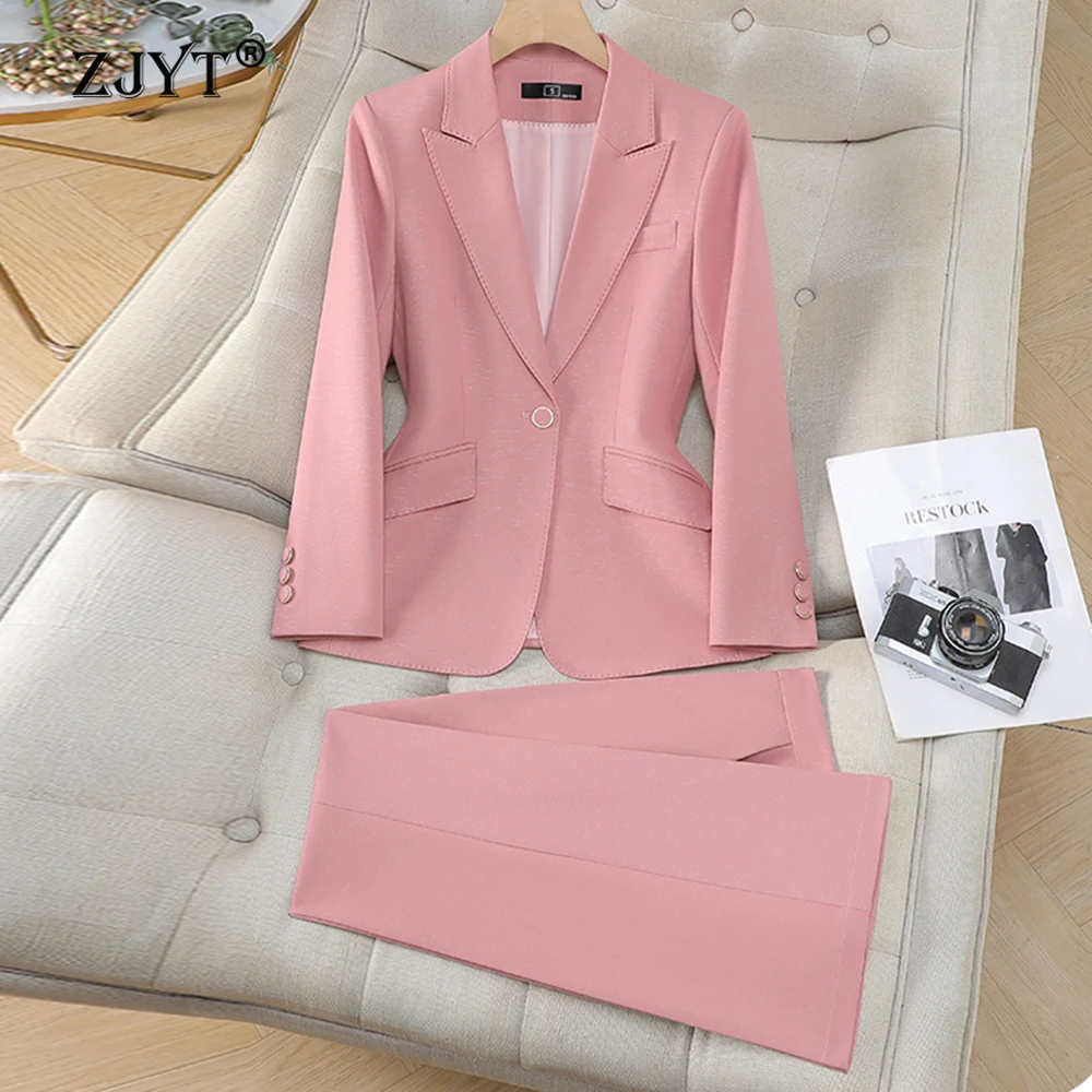 ZJYT Autumn Formal Blazer Suit Set 2 Piece Woman Elegant Outfit Pink Lady Pants Sets Jacket and Trousers Office Wear Plus Size