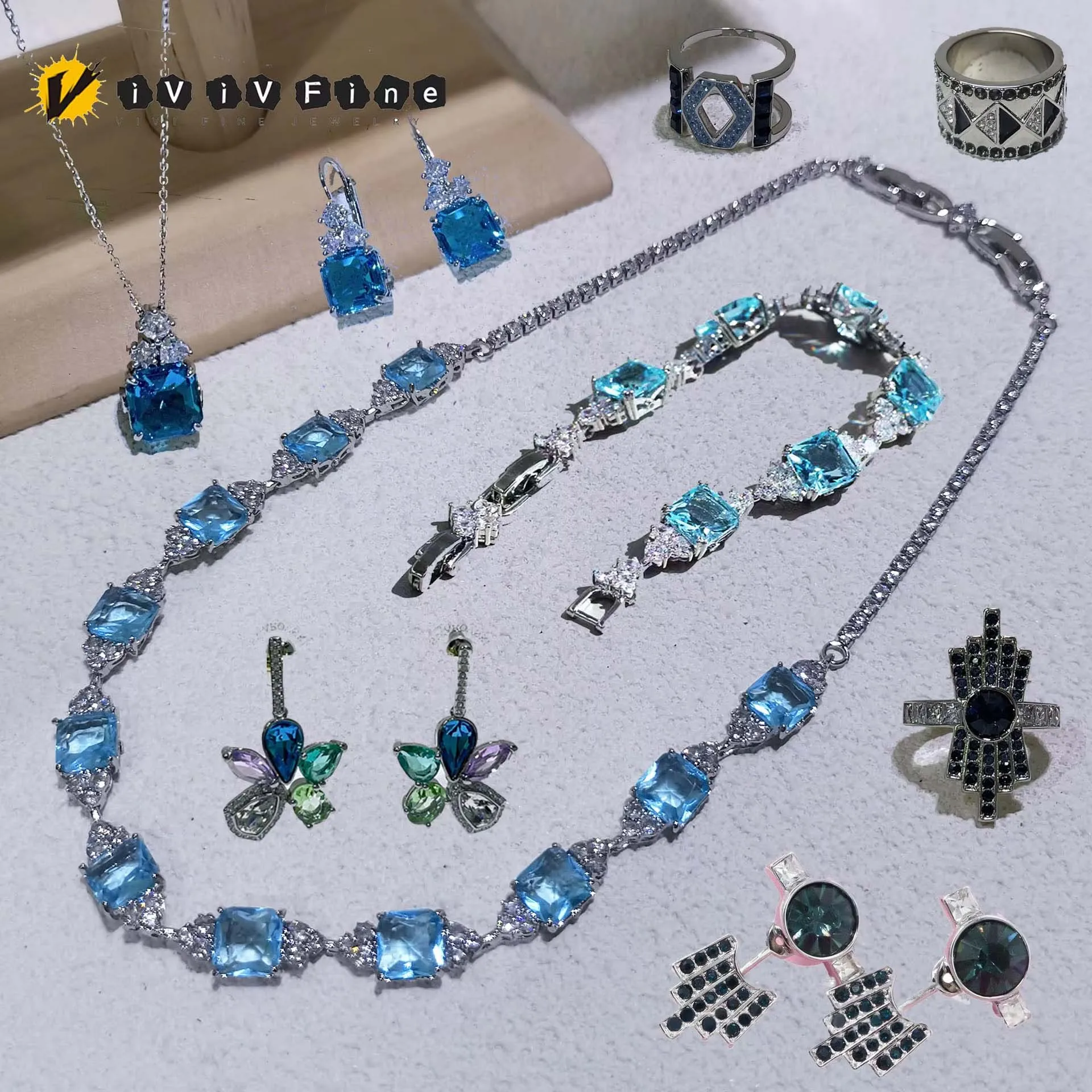 

Original Blue Series Fine Jewelry Set High Quality Sparkling Crystal Necklace Earrings Bracelet Ring Women's Party Accessories