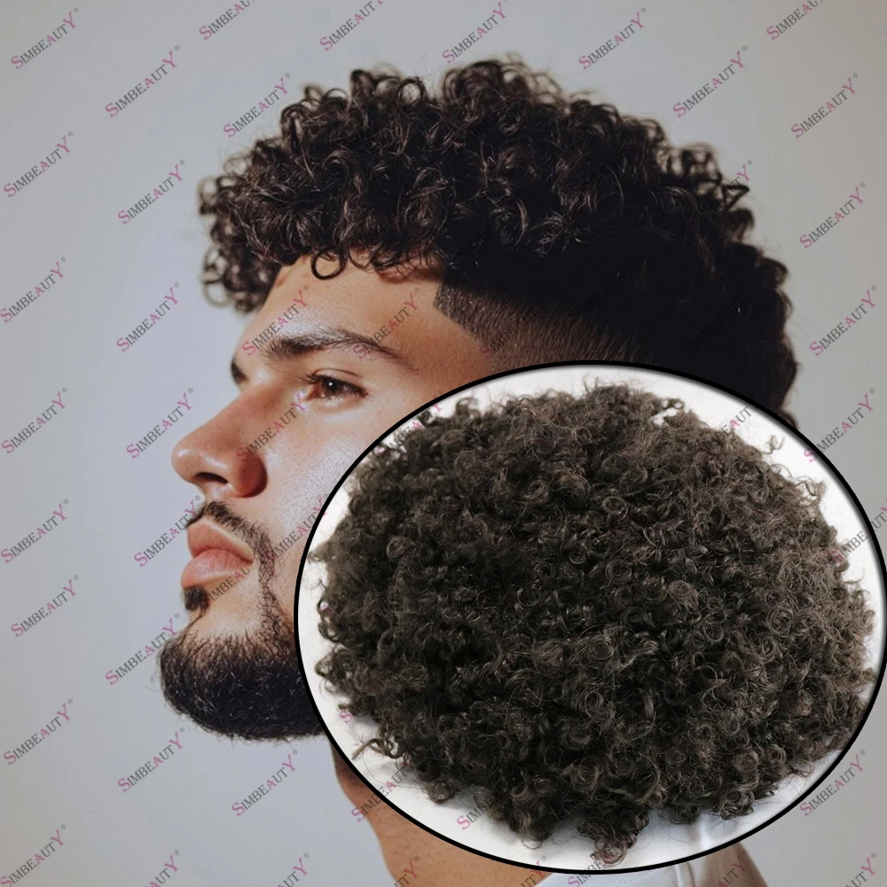 

Fine Mono Long Lasting Afro Curly 100% Human Hair Breathable&Sweatproof Men's Baldness Hairpieces 8mm Afro Men's Wig Daily Wear