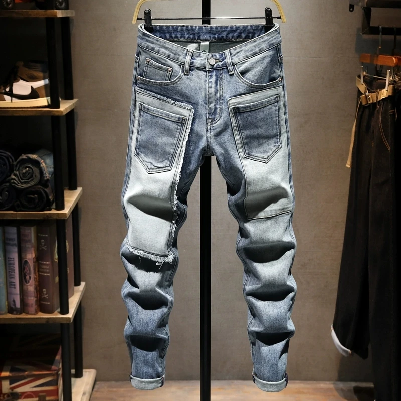 

Street Designer Fashion Men Jeans Retro Blue Stretch Slim Fit Patched Ripped Jeans Men Multi Pockets Hip Hop Vintage Denim Pants