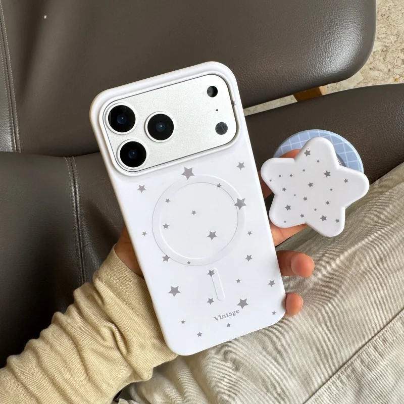 

Simple White Star Magnetic Phone Cover For iPhone 16 Pro 17 15 Pro Max Case with Stand Hard Cases For Magsafe Protective Back Co
