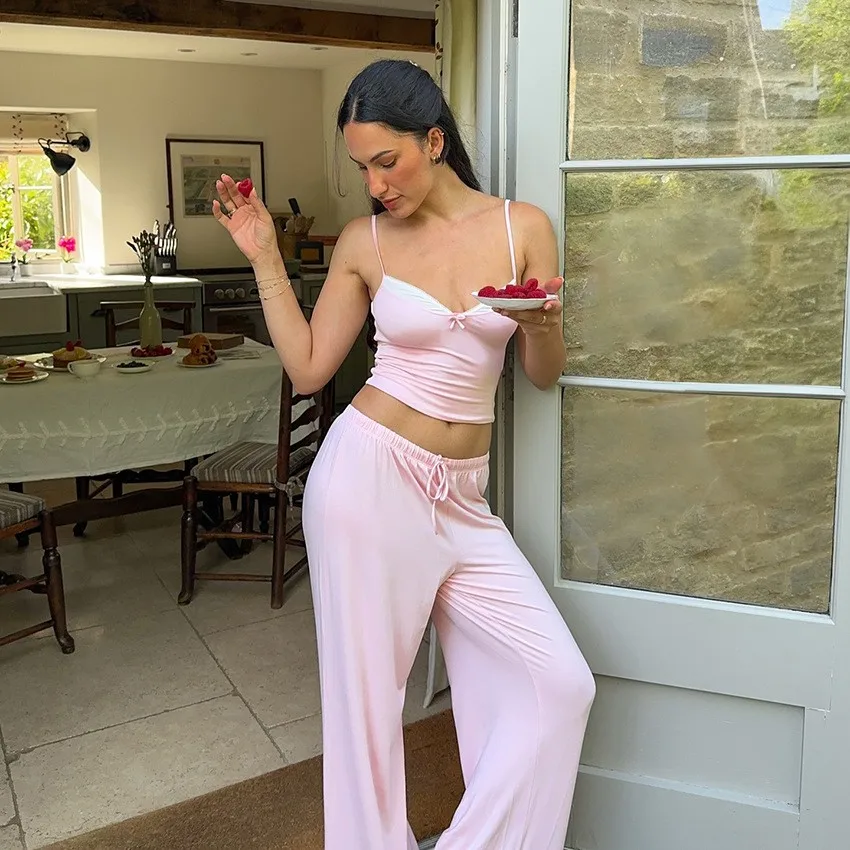 Summer Women's Clothing Deep V Neck Bow Tie Cami Pajama Set Long Pants Night Wear For Ladies Polyester Thin Lingerie Set view 2