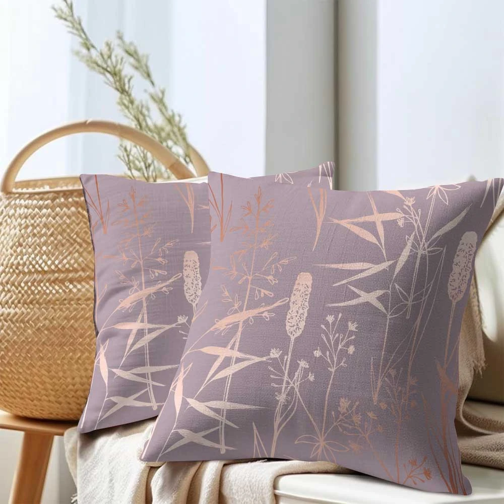 2pc Set of 2 Boho Wild Grass Floral Throw Pillow Covers,Taupe Rose Gold Tone Botanical Cushion Cases for Home Sofa Bedroom Decor
