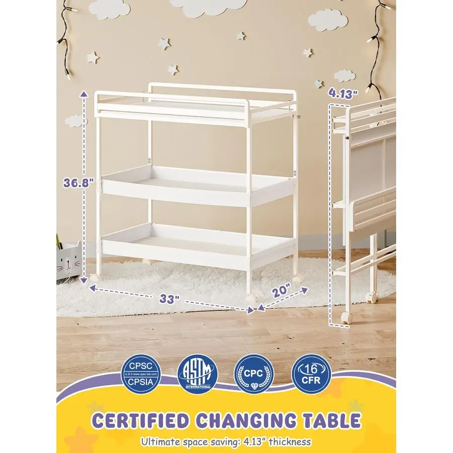 Opvouwbare babycommode met wielen, gecertificeerd luierwisselstation met opbergladen, 3-in-1 draagbare compacte luier