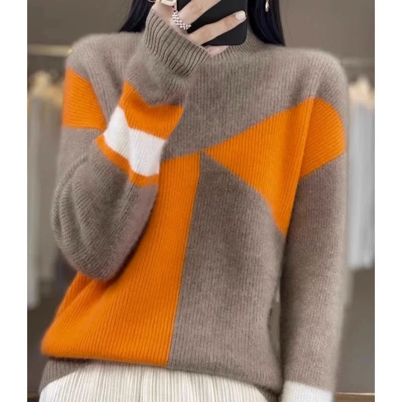 New Autumn/Winter Fashion Korean Edition Color Block Half High Neck Loose Versatile Western Style Slim Women\'s Knitted Sweater