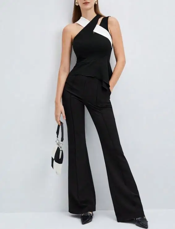 

Slimming Women's Vest 2026 New Fashionable Contrasting Color Cross Splicing Line Ruffle Hem Tight Fitting Sleeveless Vest