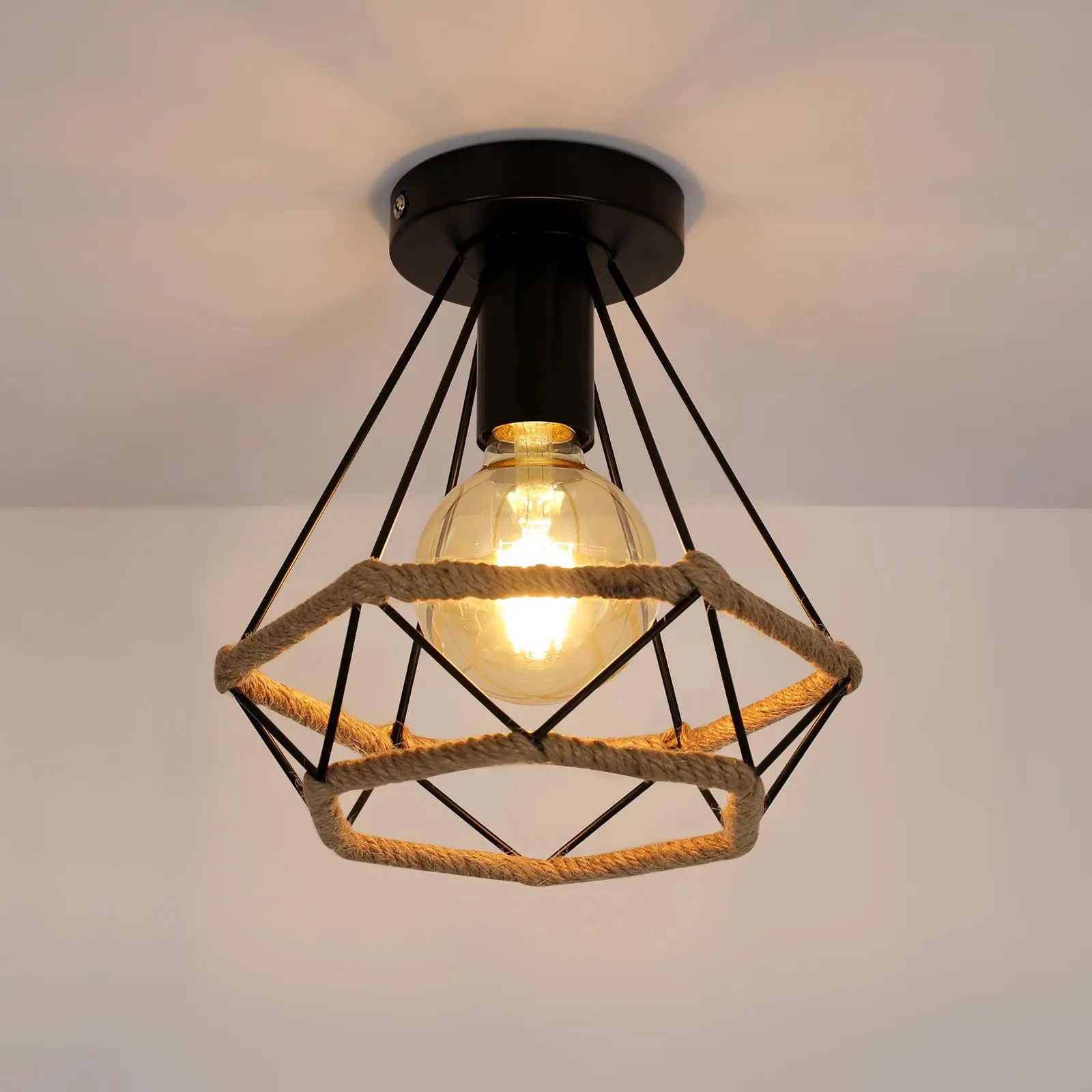 Industrial Ceiling Light Retro Industrial Pendant Light Fixture Metal Cage Ceiling Lamp Vintage Light Fixture E27 Hemp Rope Lamp