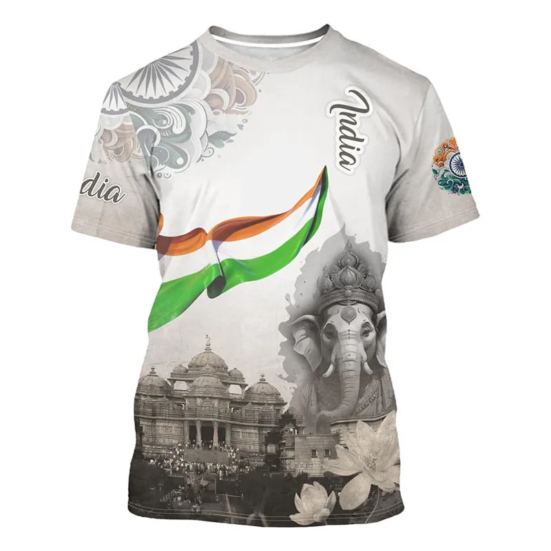 Men India Cultural Ganesha Temple Flag Short Sleeve T‑Shirt Ethnic Lotus Graphic Crew Neck Tops