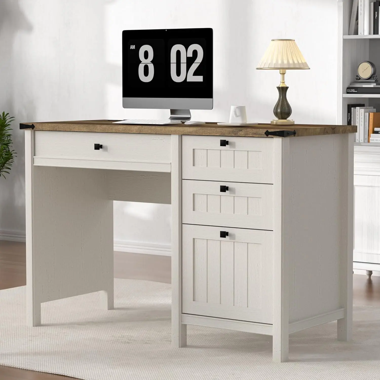 

Desk, Farmhouse Computer Desk with Drawers & Cabinet, Home Office Desk for Work Study Writing Workspace (White, 45)