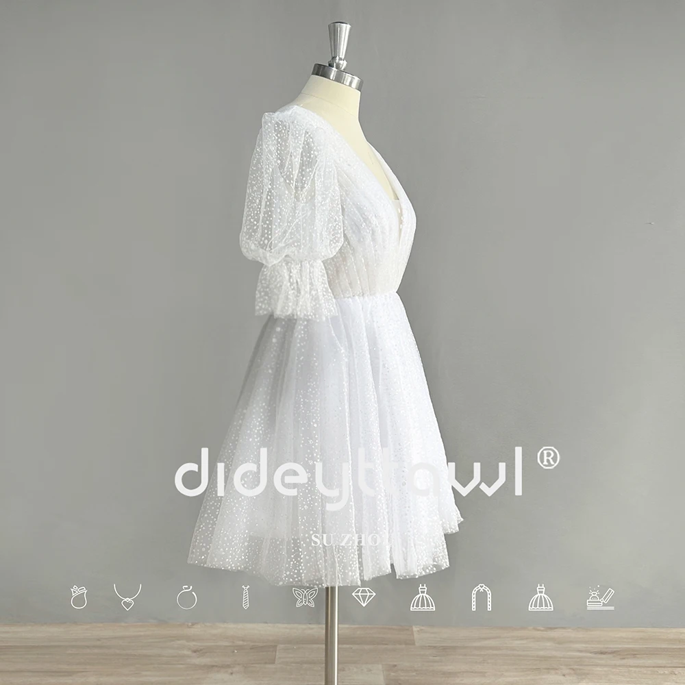 DREAM Customized Deep V Neck Mini Wedding Dresses Dot Tulle Short Puff Sleeves Bride Gown Backless Above Knee Boho Bridal Dress