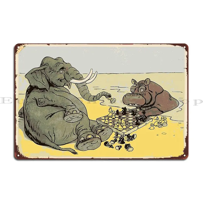 Animals Playing Chess Elephant Hippo Gift Metal Plaque Poster Party Plates Living Room Designer Wall Decor Mural Tin Sign Poster