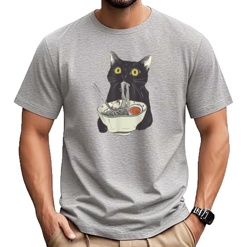 Funny Katze die Ramen essen japanische Nudeln Geek normal komplett aus Baumwolle Herren-Tops T-Shirt casual T-Shirts