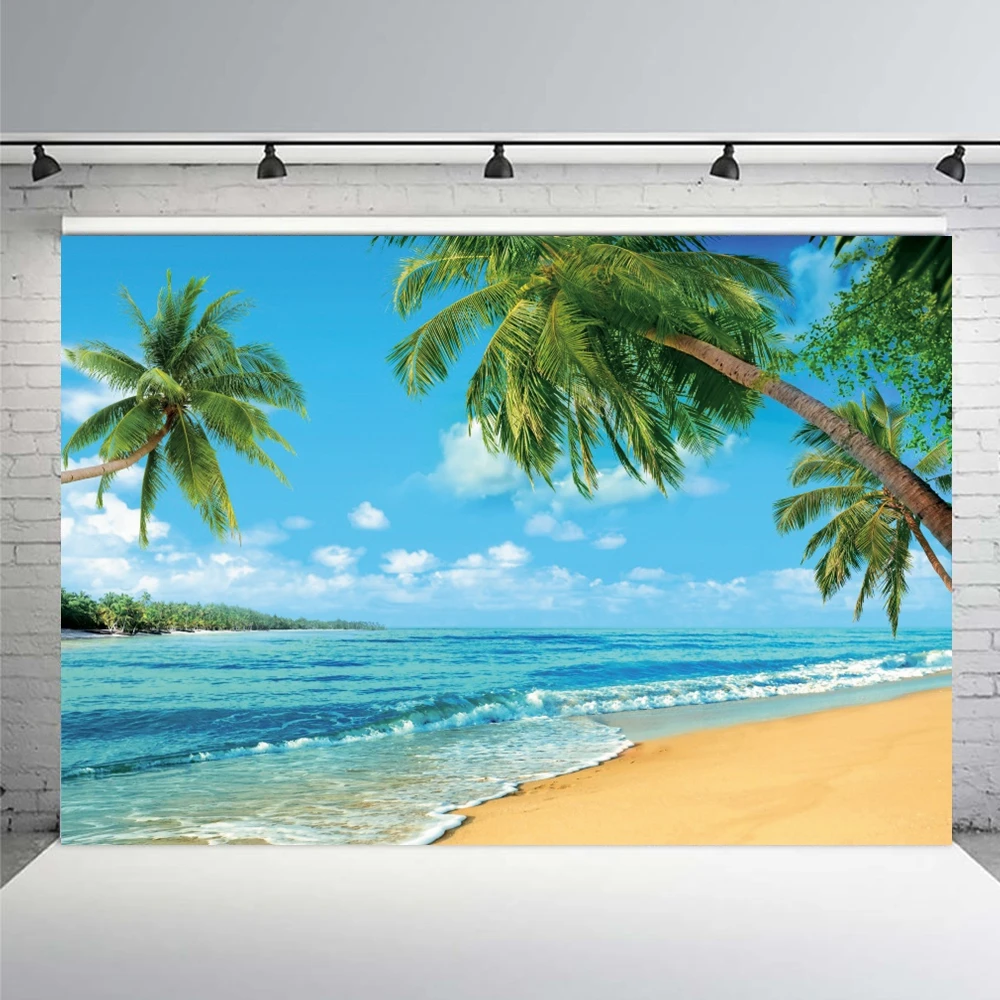 Tropical Beach Ocean Backdrop Summer Seaside Palm Tree Nature Scenery Birthday Portrait Holiday Party Photography Background