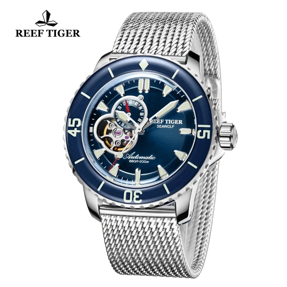 Reef Tiger/RT Top Brand Men Swimming Diving Watch Waterproof Blue Super Luminous Tourbillon Automatic Mechanical Watches