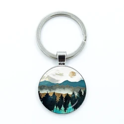 Mountains Rivers Sunsets Natural Scenery Key Chain Lakes Forests Glass Keychains Love For Nature Male And Female Glass Key Ring