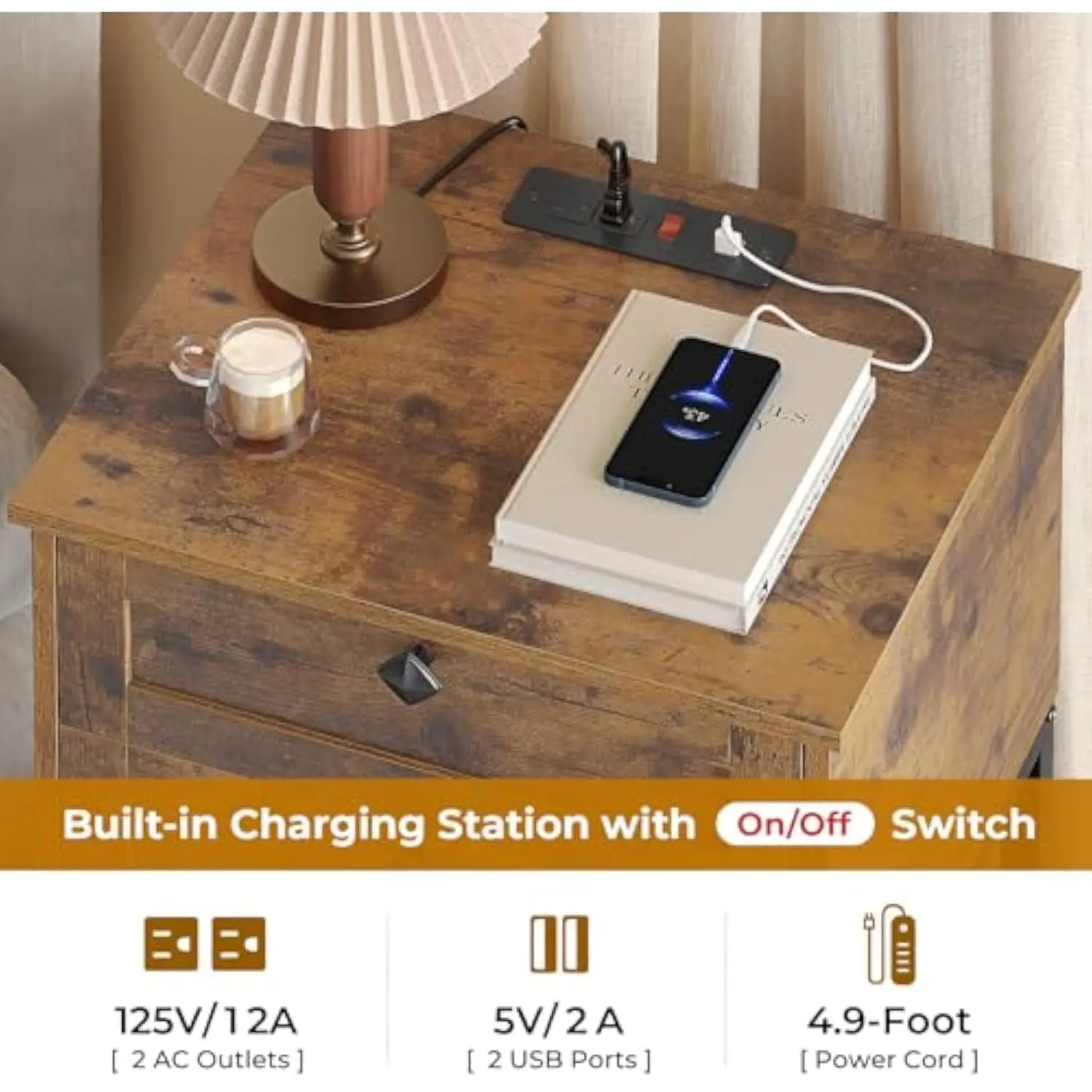 Rustikaler Nachttisch im 2er-Set mit Ladestation und LED-Leuchten, braunes Nachttisch-Set 2 mit Ladestation, 2 Schubladen