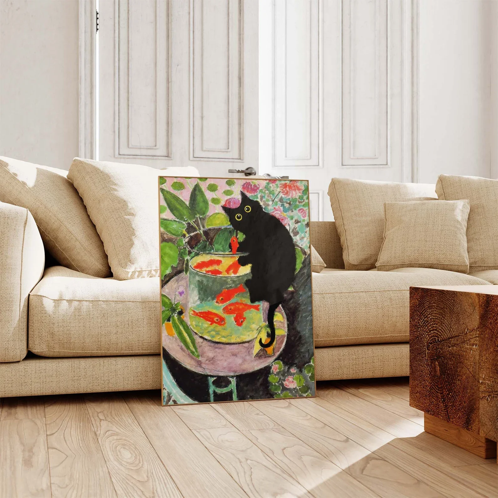 Poster Ikan Mas Matisse dengan Kucing, Gambar Kucing Hitam, Seni Kucing Hitam, Cetak Bunga, Cetak Kucing Lucu, Ide Hadiah Lucu, Dekorasi Rumah