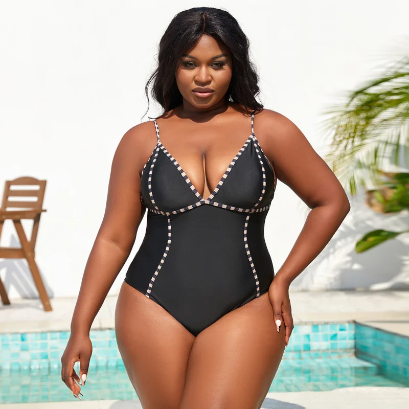

New Plus Size One-Piece Swimsuit Solid Color Sexy Plus Size Swimwear