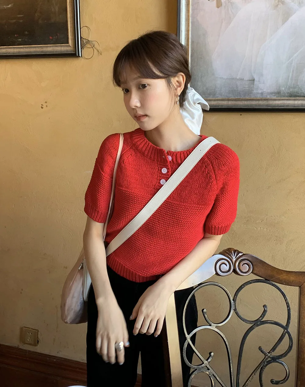 

Korean style Unique Three-Button Chunky Knit Raglan Short Sleeve Sweater, Thick Layering Design, Women's Stylish Top
