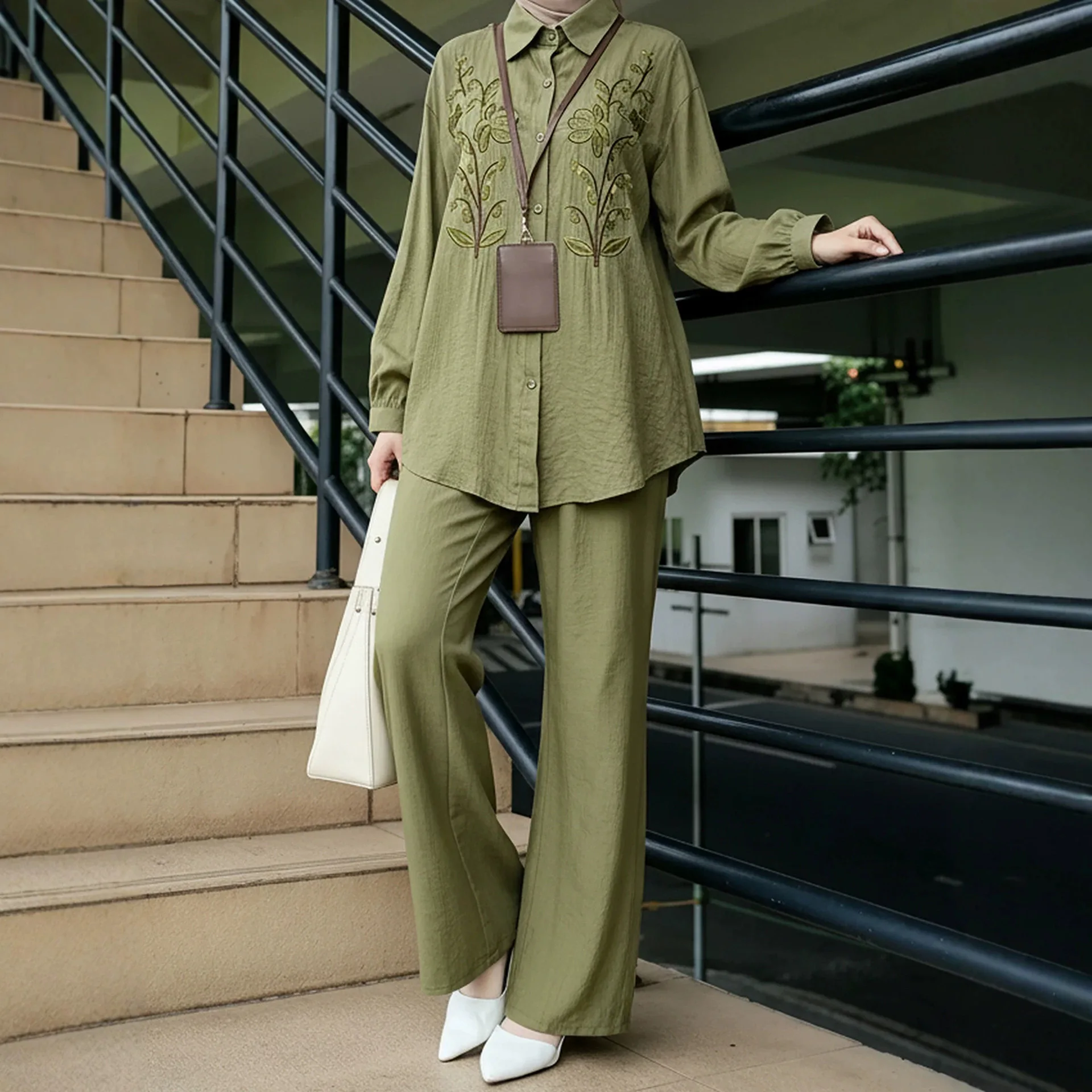 2PCS Eid Muslim Sets for Women Embroidery Shirt and Pants Islam Tops Trousers Clothing Turkey Abaya Outfits Tracksuit Robe Eid