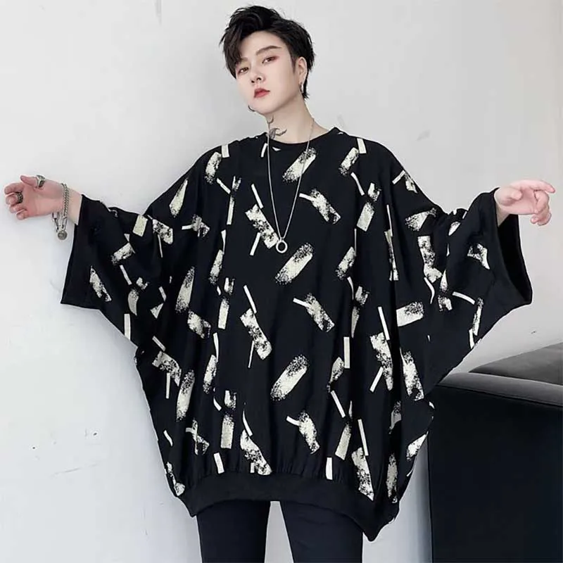 Fashion O-Neck Loose Printed Batwing Sleeve T-Shirts Men\'s Clothing 2024 Spring New Oversized Casual Tops All-match Tee Shirt