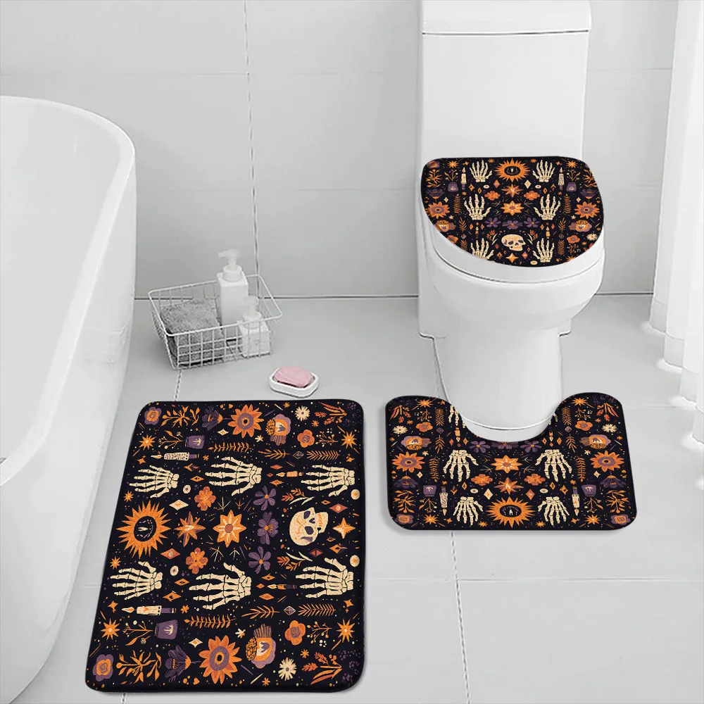 Cartoon Ghost Halloween Bath Mat Set Skull Witch Wizard Magic Pharacimist Pumpkin Boho Bath Decor Home Carpet Toilet Lid Cover