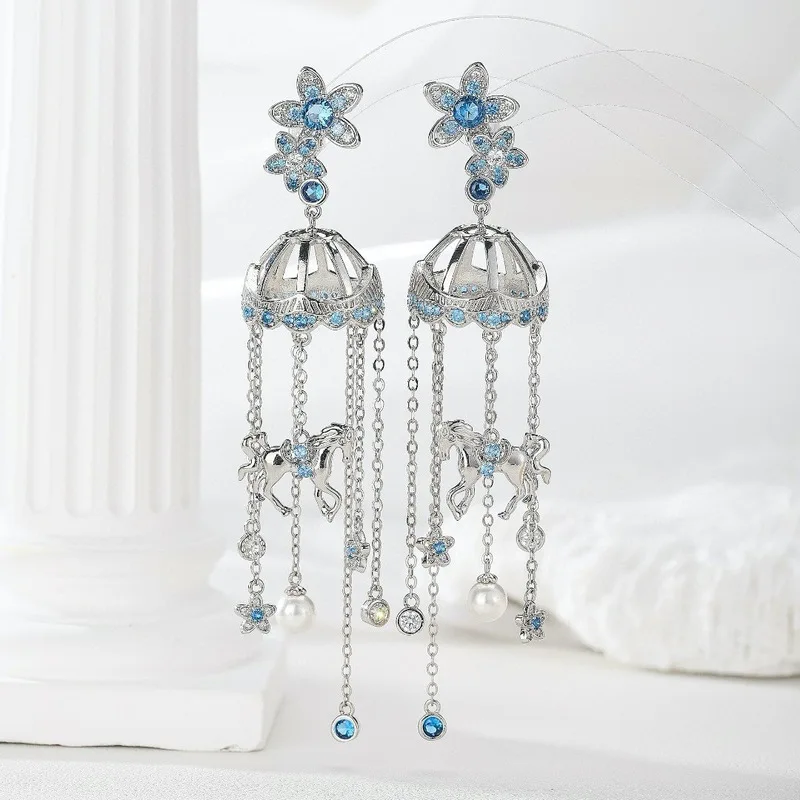 Silver Tone Carousel Horse Tassel Dangle Earrings Blue Cubic Zirconia Flower Pearl Long Drop Earrings For Women Daily Wear
