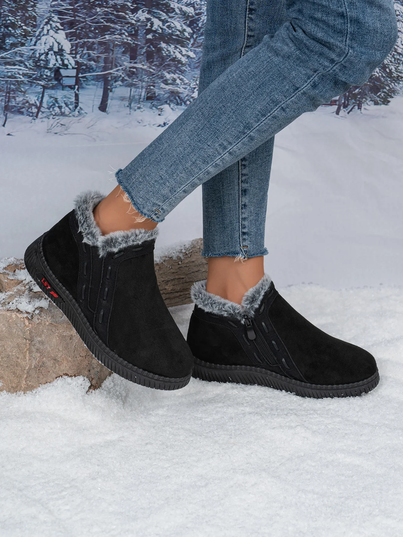 Damen-Winterstiefel Braun Damen-Knöchelstiefel mit seitlichem Reißverschluss, warm gefüttert mit Fleece, rutschfeste flache Schneestiefel für den täglichen Outdoor-Gebrauch. – Detail 22