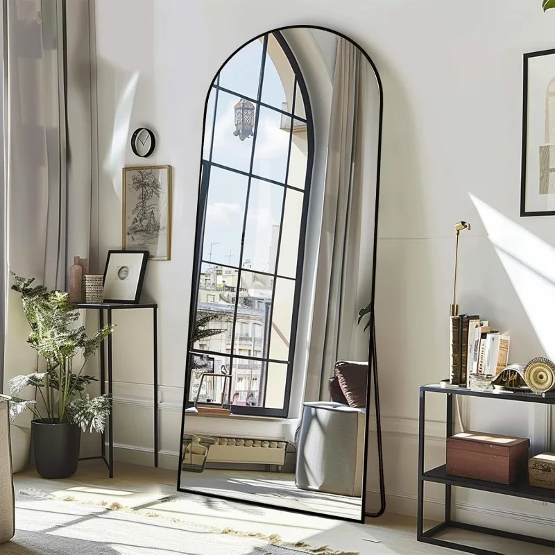 Arched Full Length Floor Mirror Black, 64"x 22" Full Floor Mirror with Stand, Standing Mirror Hanging or Leaning, Living Room