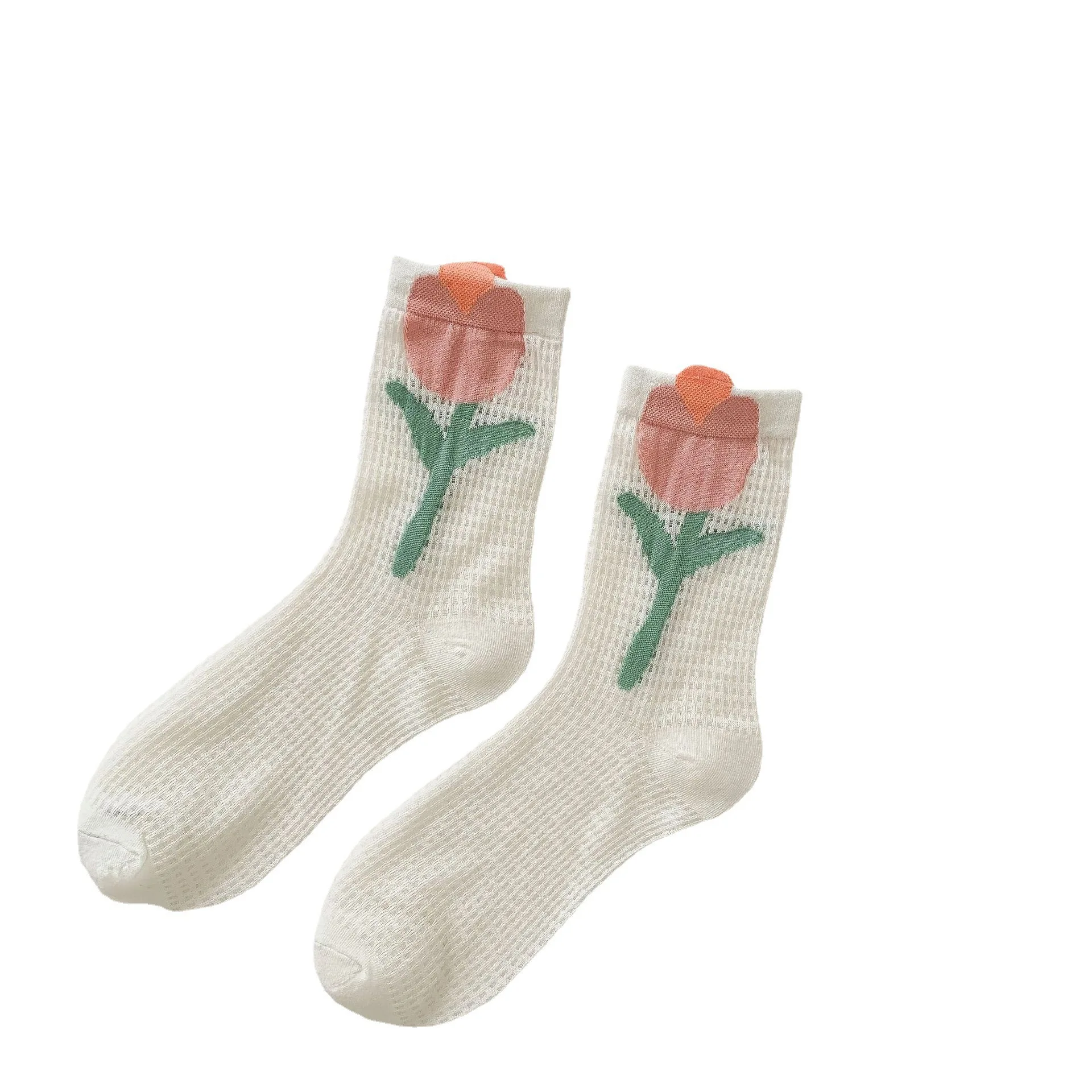 1/5 Pairs Women's Socks Thin Summer Cute Three-dimensional Tulip Socks Mesh Breathable Cool Mid Tube Socks Cotton Japanese Style