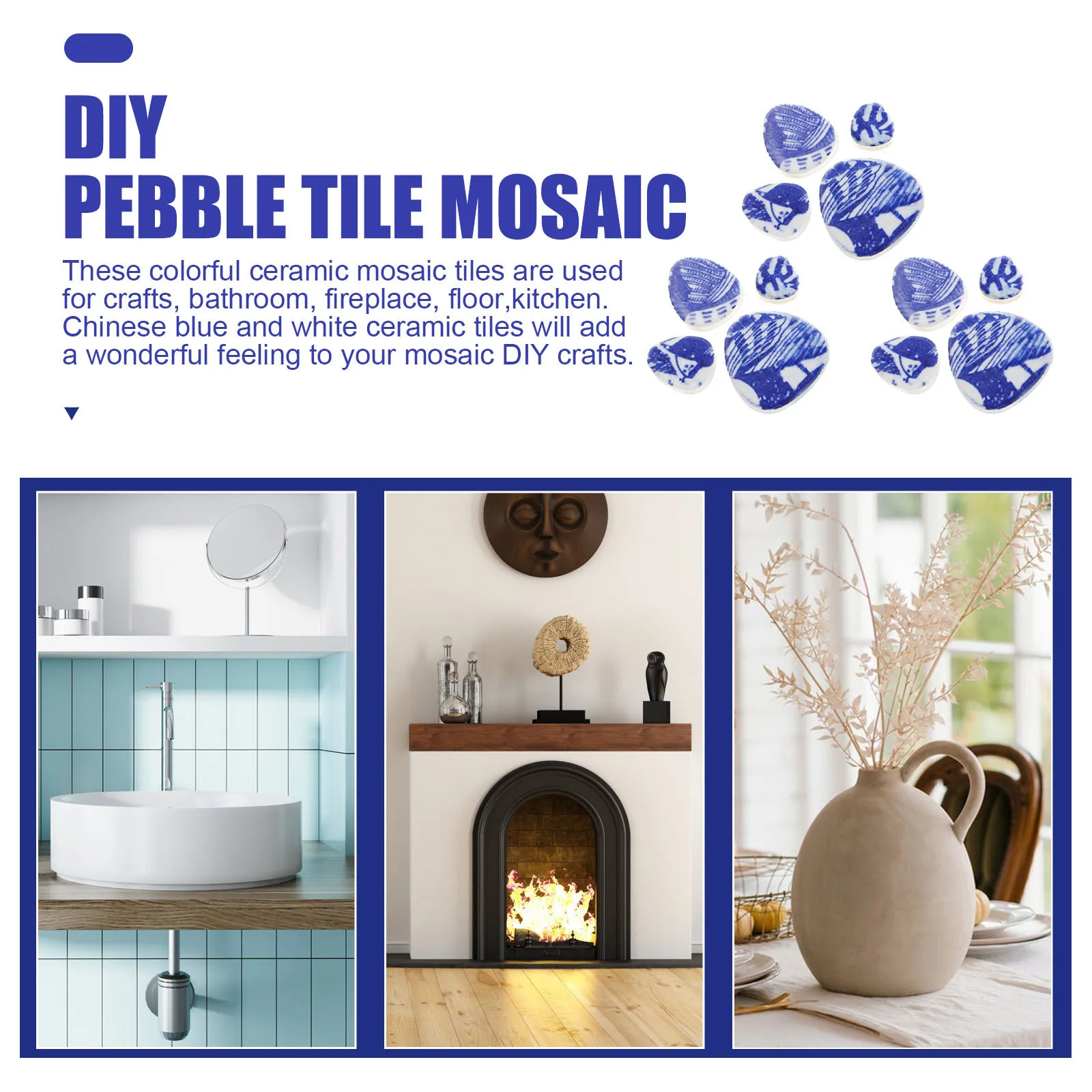 

Blue and White Porcelain Mosaic Tiles High Quality Durable Pebble Pieces for Craft DIY Bathroom Kitchen Fireplace Floor Tile