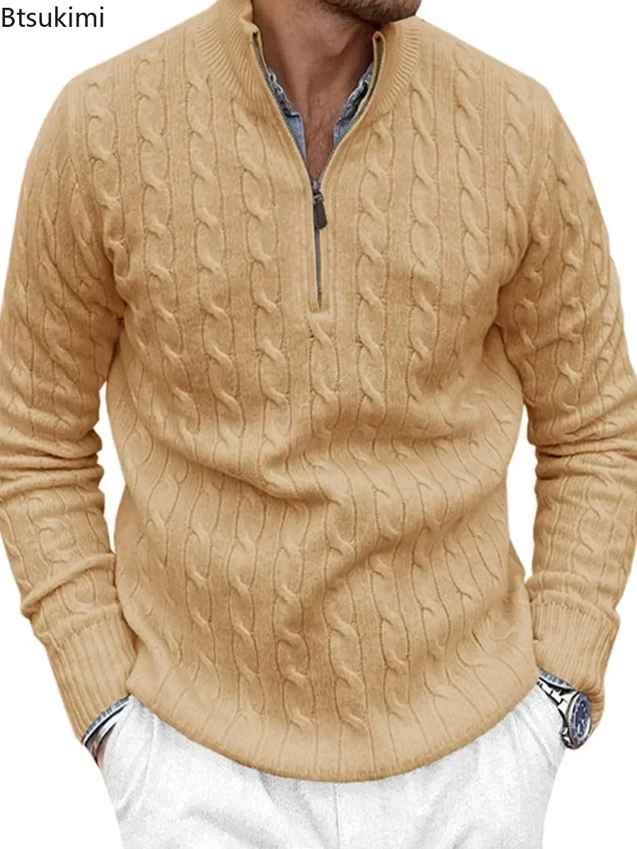 Autumn Winter Men\'s Knitted Sweaters Fashion High Collar Half Zipper Slim Pullover Tops Men Solid Versatile Casual Knit Sweaters