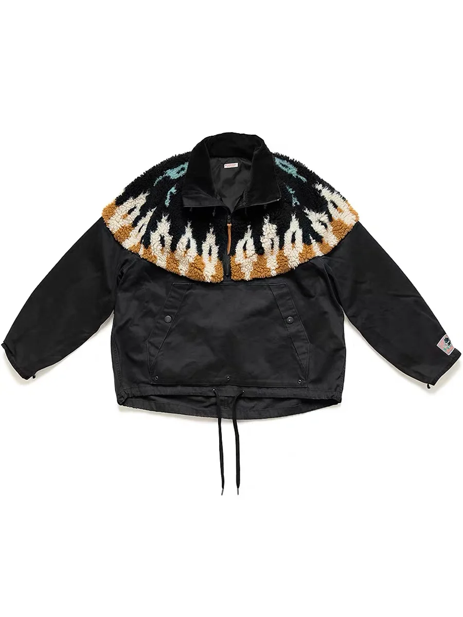 سترة كابيتال 20AW فضفاضة بسحاب نصفي، مطبوعة ومرقعة من الصوف المزدوج اللون، ملابس خارجية شبابية عصرية للشتاء بأكمام طويلة وقصة... #2