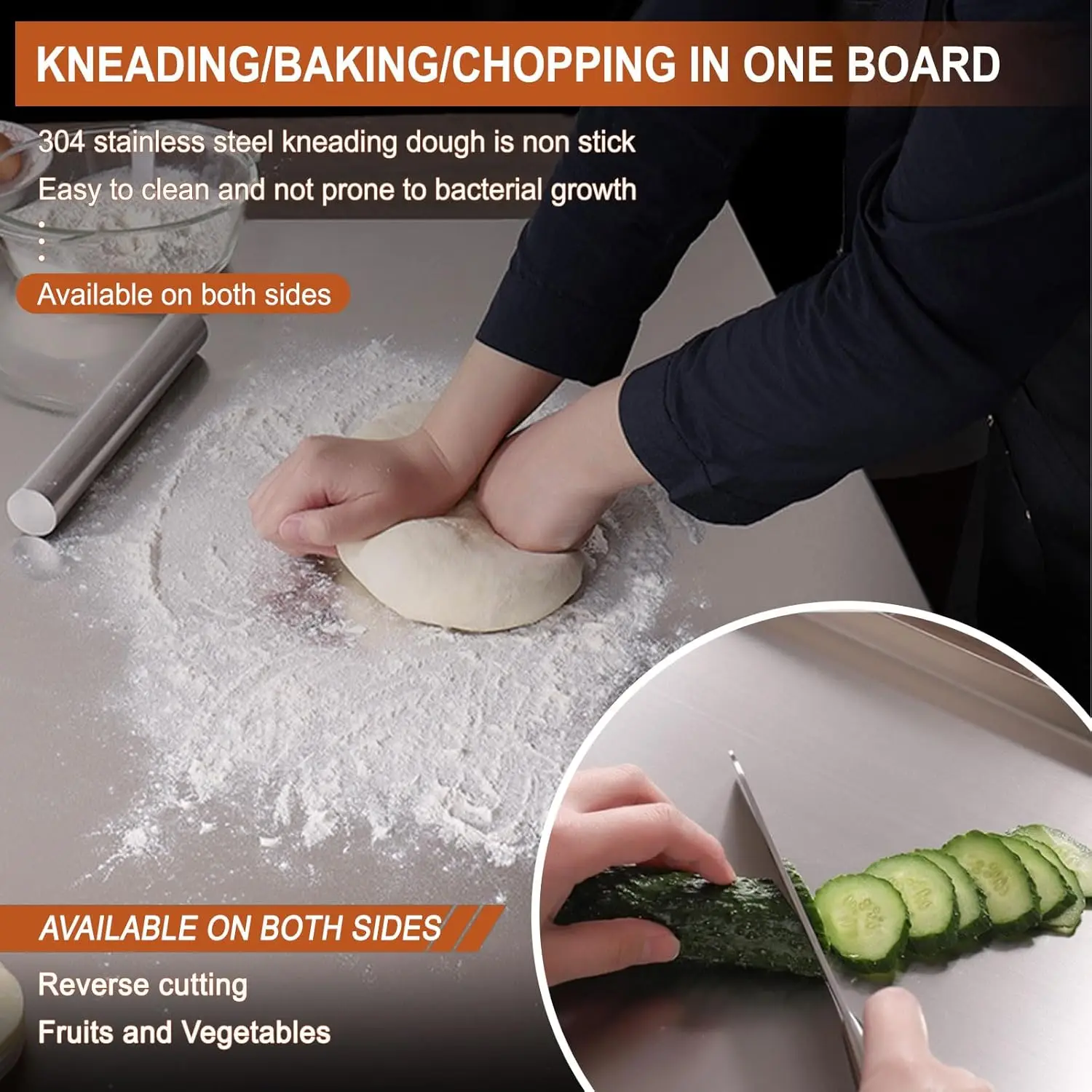 304 Stainless Steel Cutting Board with Non-Slip Silicone Pad, Large Kitchen Chopping Board for Meat Fruits Vegetables