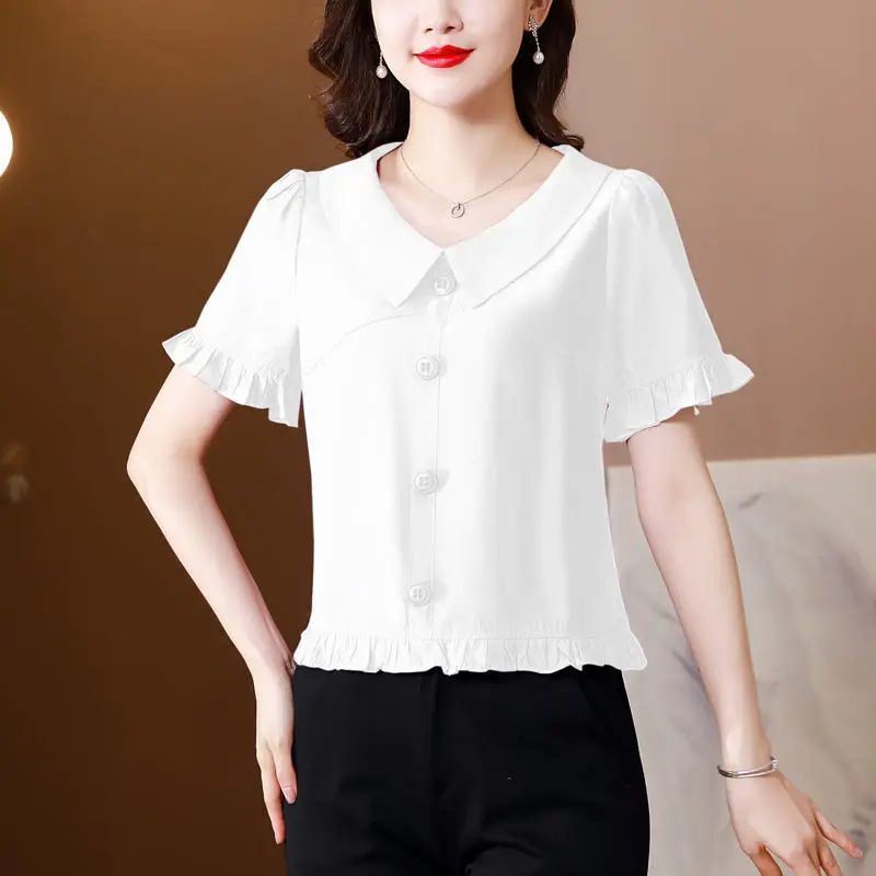 2024 Summer New Doll Collar Fashion Stylish Small Shirt Shirt Elegant Waist Short-sleeved Top Women\'s Chiffon Shirt Trendy