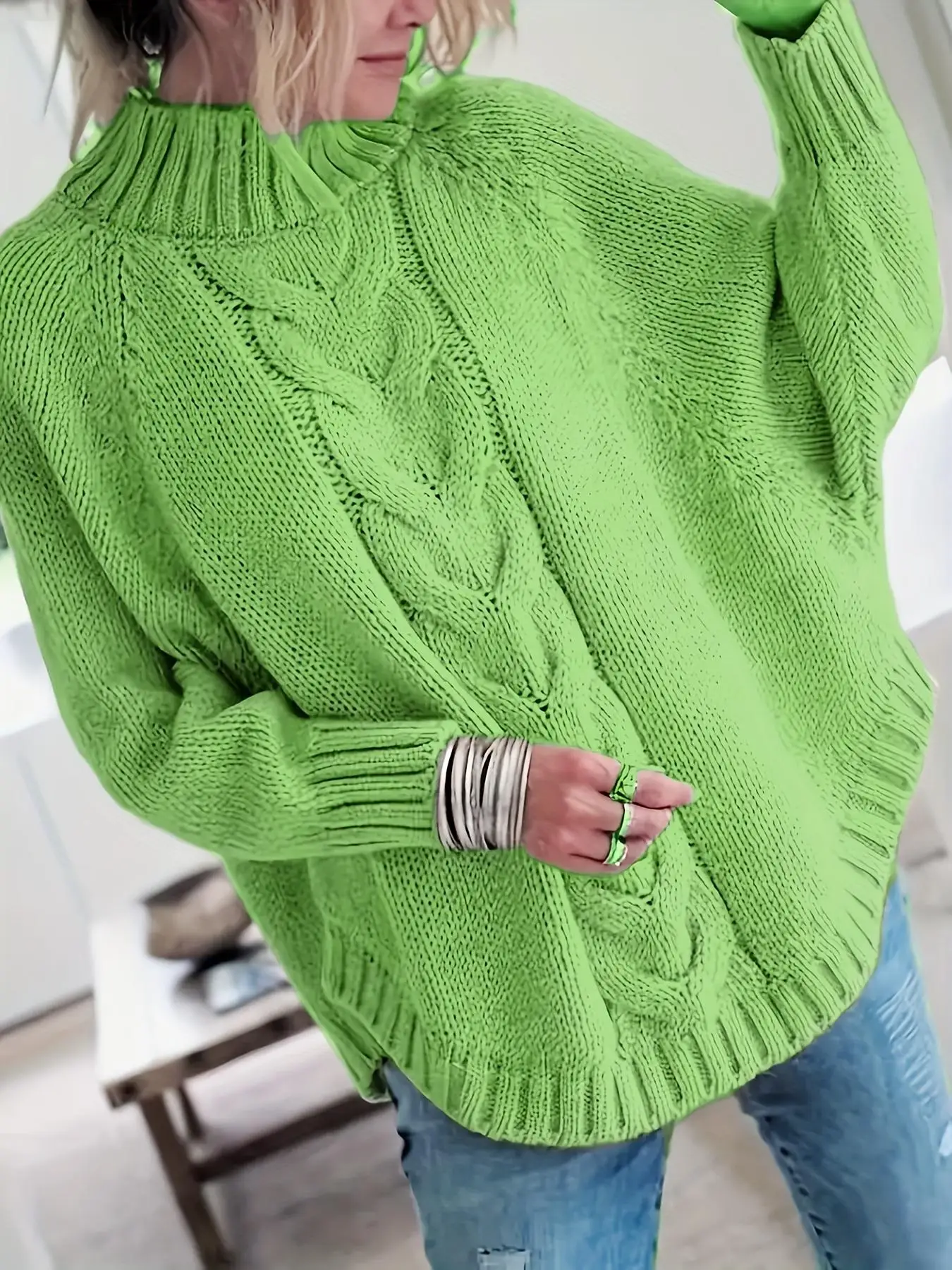 Damen Übergröße Lässiger Pullover mit Fledermausärmeln (Herbst/Winter) – Detail 15