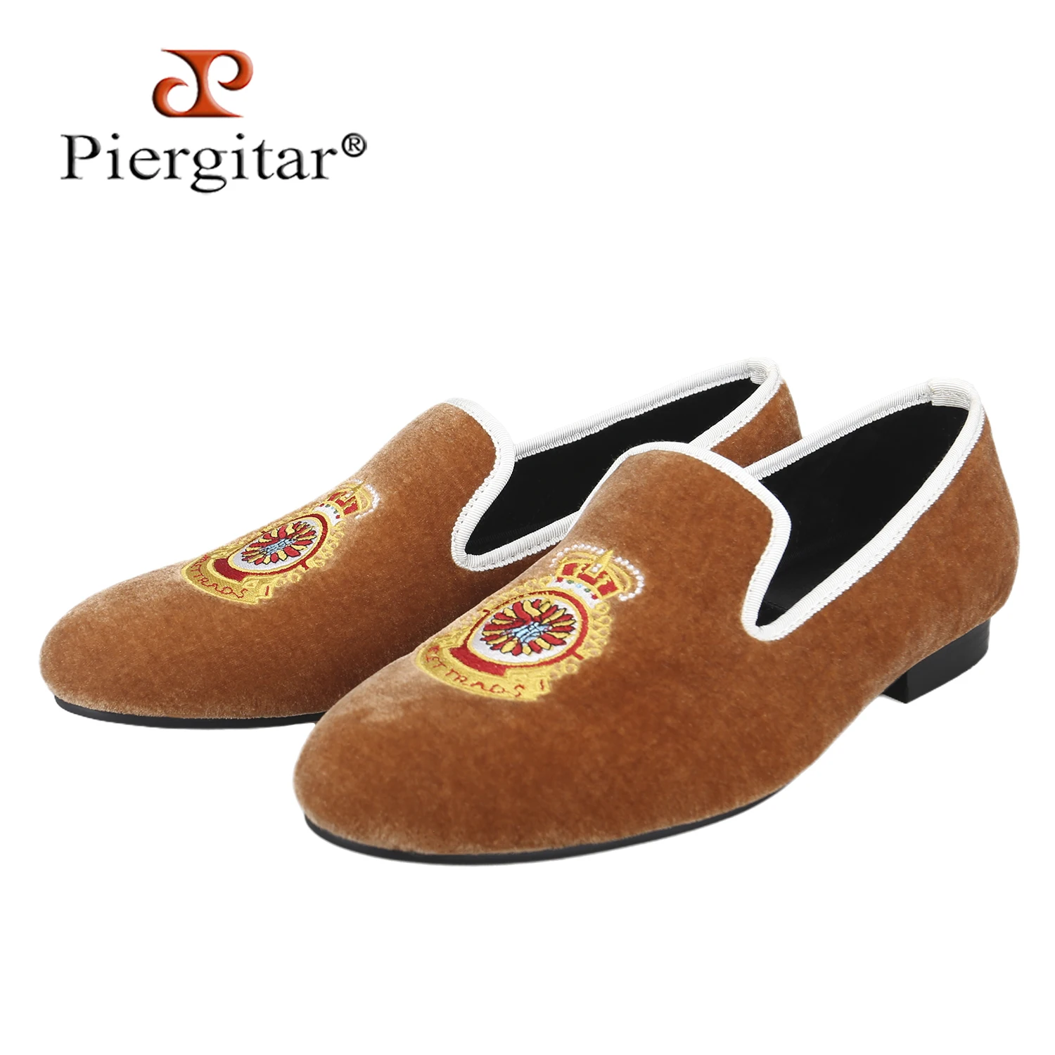Piergitar Custom Turkish Crown Turkey Embroidered Of Light Brown Velvet Loafers Handmade Style Slip-On Men's Smoking Slippers