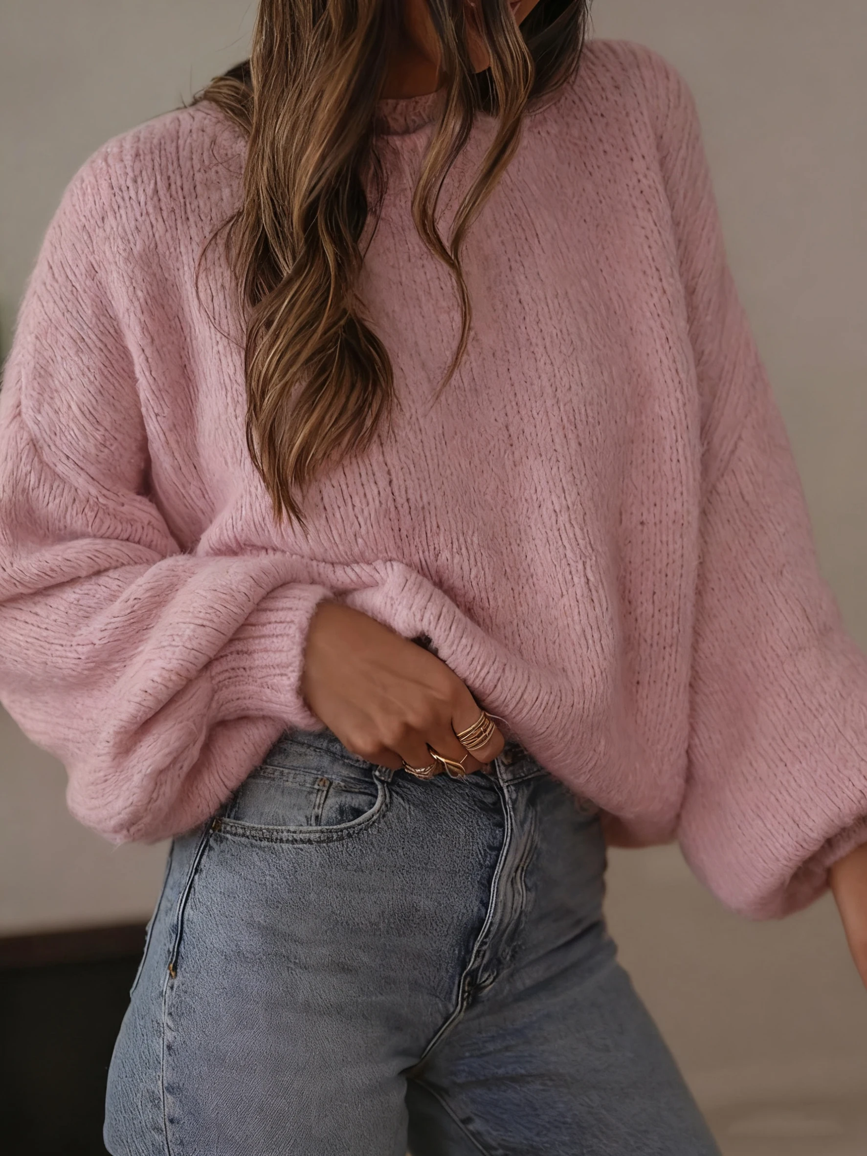 Gebreide damestrui in Europese en Amerikaanse stijl, effen kleur, eenvoudige, losse trui met ronde hals