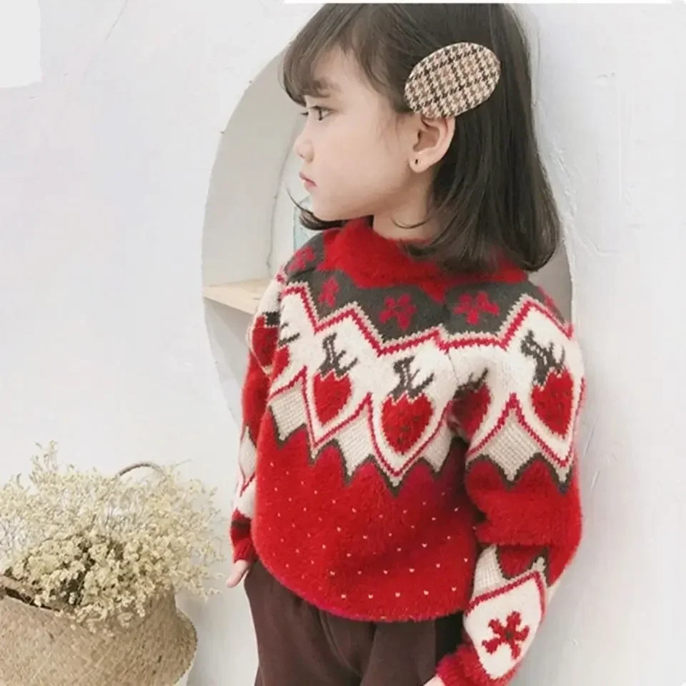 

Spring Autumn Children Girl Sweater Cotton Knitted Strawberry Pullover Tops Thick Loose Warm Christmas Toddler Girl Sweater