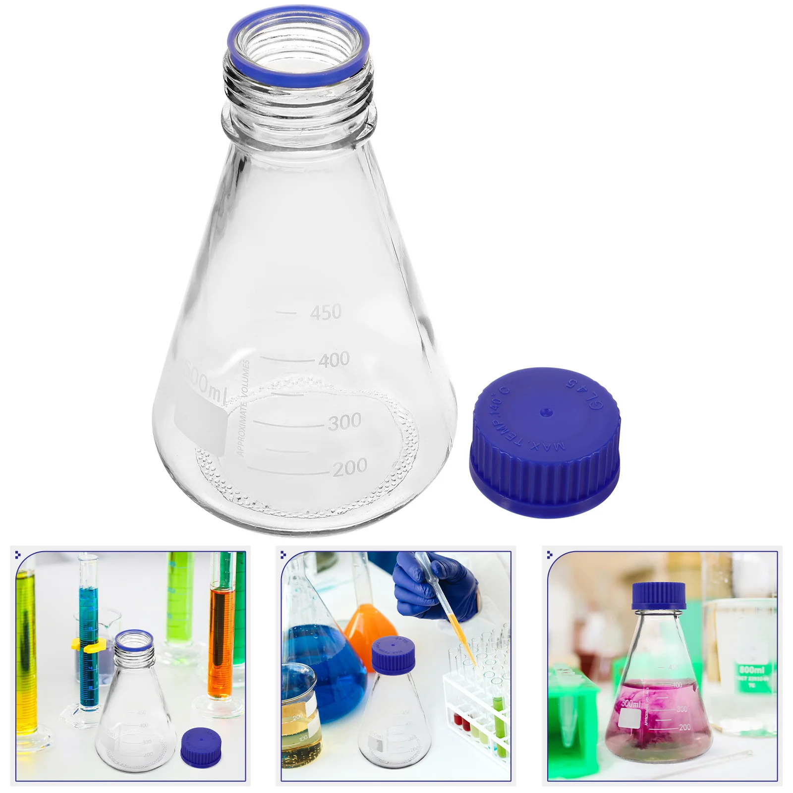 Clear Glass Flask Chemical Laboratory 500ml Calibrated Stable Experiment Flask with Cap for High Temperature Reagent Measurement