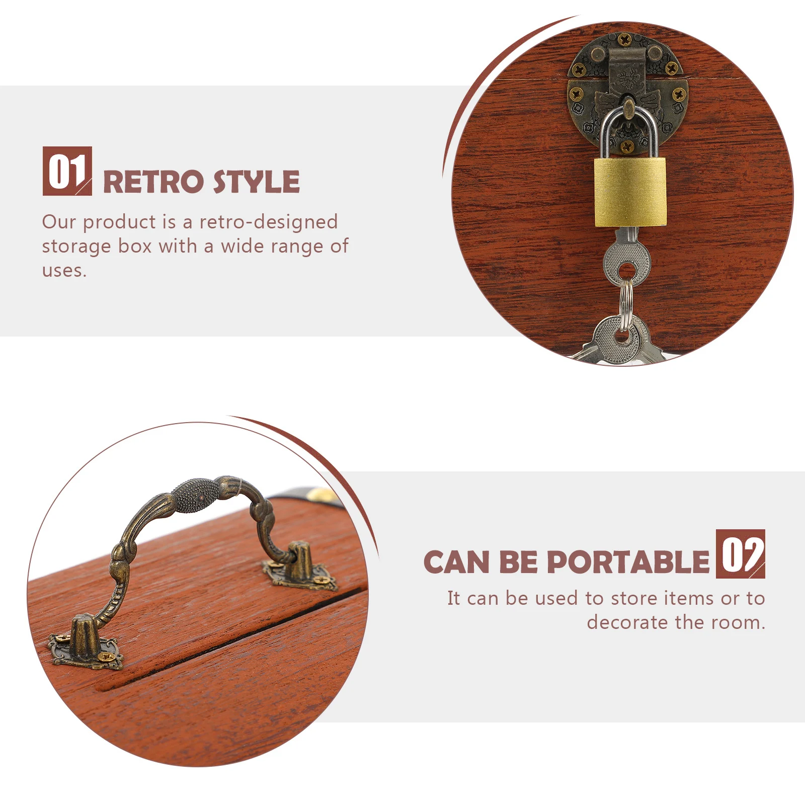 

Wooden Storage Box Retro Style Case Metal Lock Jewelry Money Saving Toy Educational Decorative Display Tool