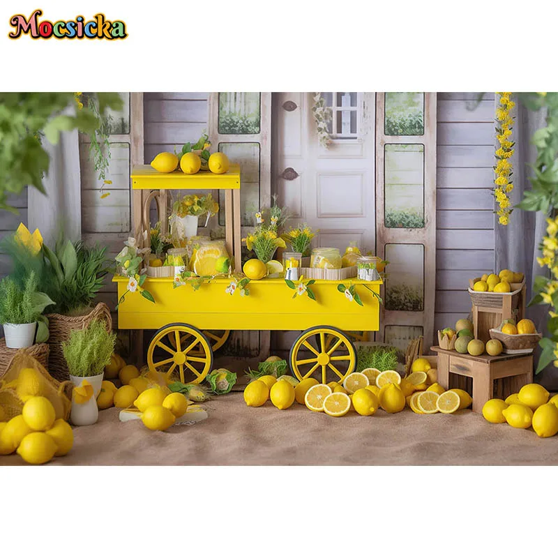 Fondo de fiesta de cumpleaños con temática de fruta Limón, accesorios de decoración de plantas verdes, retrato de niño, telón de fondo para estudio