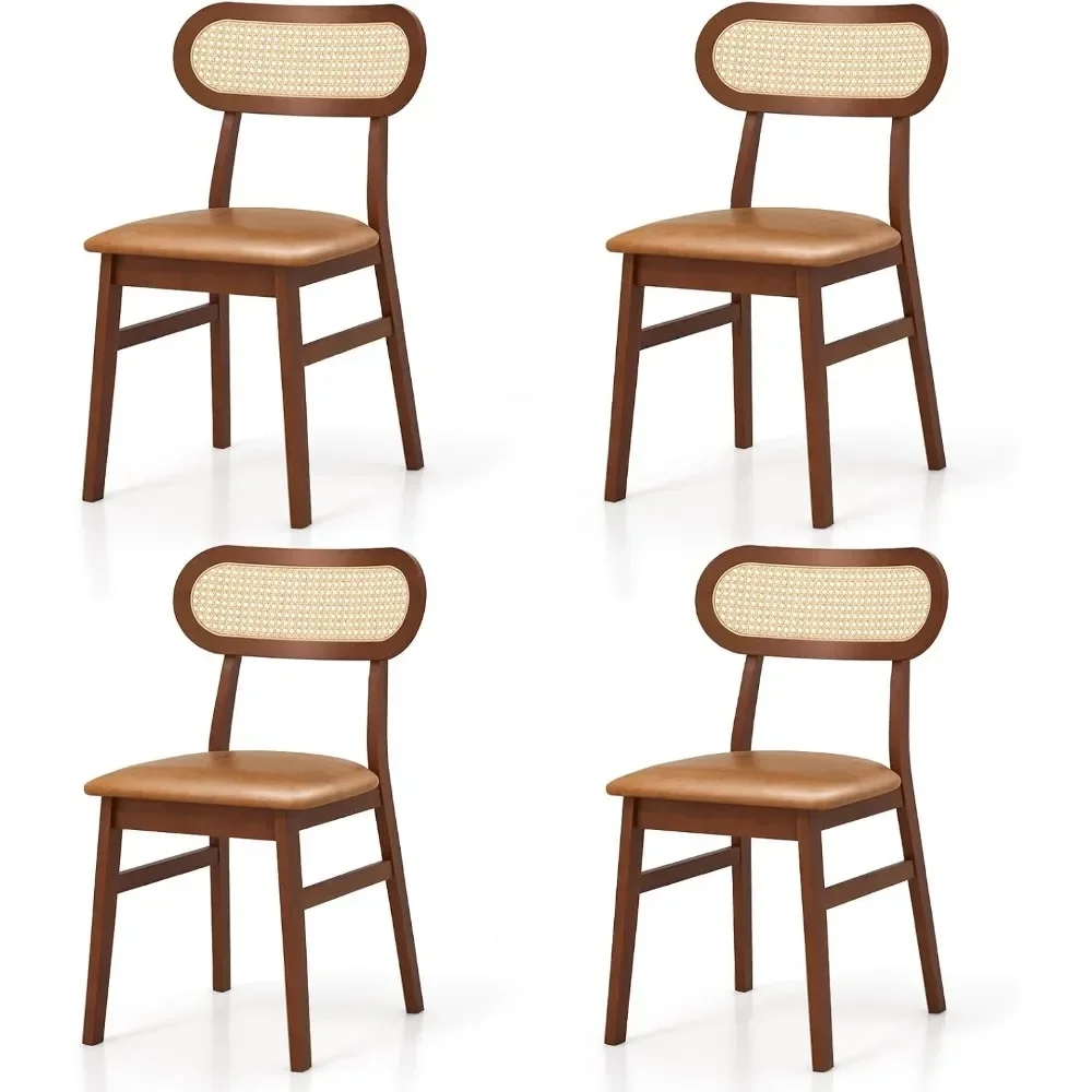 Wooden Dining Chairs Set of 4, Mid-Century Modern Kitchen with Upholstered Seat & Rattan Backrest, Faux Leather Cover, Armless